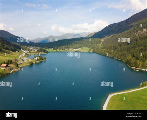 Aerial View Of Davos City And Lake Davos Is Swiss City Famous