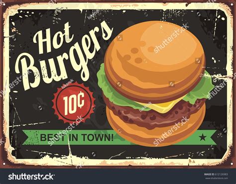 Hot Burgers Retro Tin Sign Design Stock Vector Royalty Free 612126983 Shutterstock