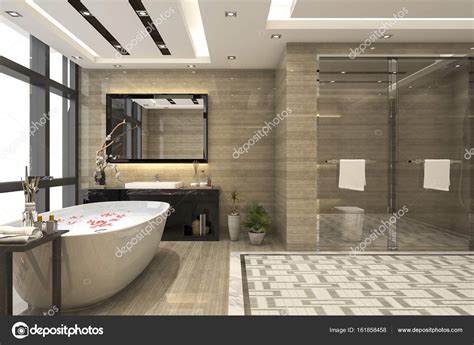 3d renderizado baño loft moderno con decoración de azulejos de lujo