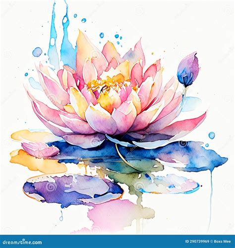 Watercolor Painting Of Lotus Flower On White Background High Quality