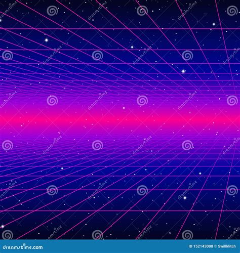 Retro Neon Background With 80s Styled Laser Grid And Stars Stock Vector
