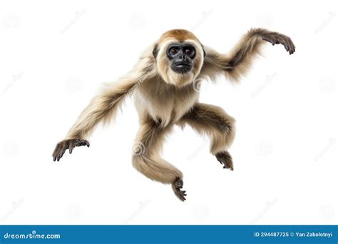 Jumping Moment Whitehanded Gibbon On White Background Stock