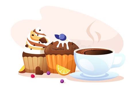 Cupcake And Coffee Cartoon Muffins With Cup Of Cappuccino Sweet