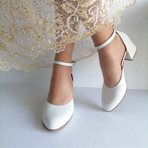 Low Block Heel Wedding Shoes White Leather Pumps Closed Toe Etsy