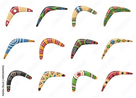 Traditional wooden boomerang of different shapes icons set isolated on ...