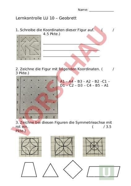 Arbeitsblatt Lernkontrolle Lu Geobrett Geometrie Gemischte Themen