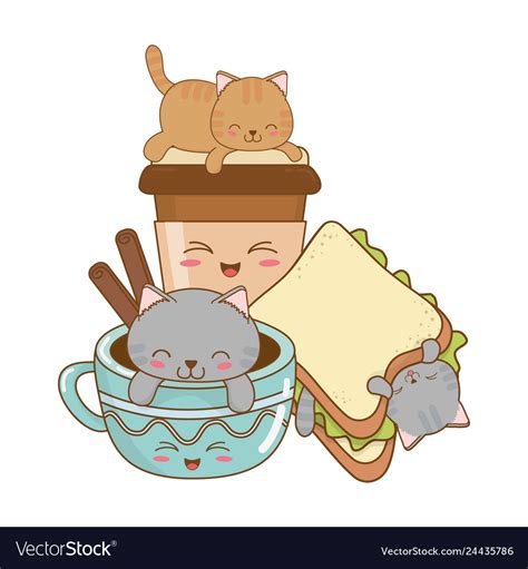 Cute Little Cats With Sandwich Kawaii Characters Vector Image