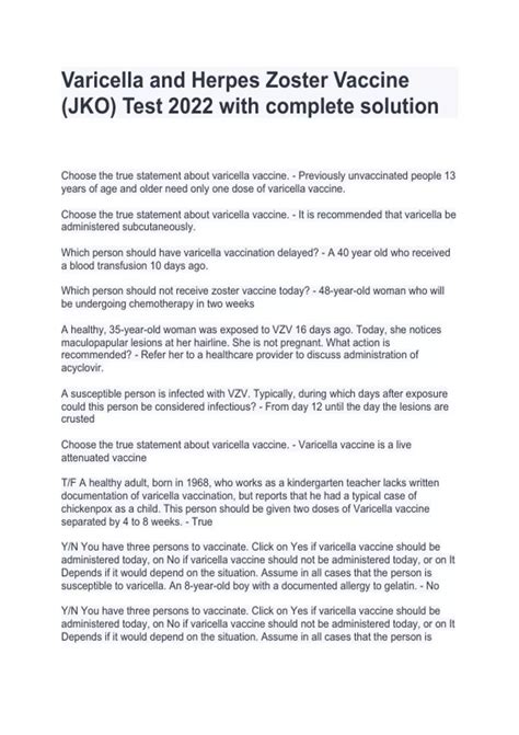 Varicella and Herpes Zoster Vaccine (JKO) Test 2024 with complete