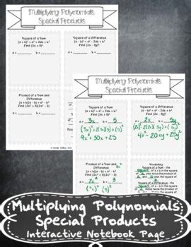 Multiplying Polynomials Special Products Notes Handout By Jstalling