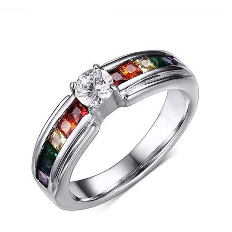 Colorful Rainbow Ring Gay Pride Couple Rings Titanium Steel With Cubic