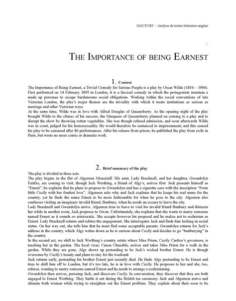 The Importance Of Being Earnest Maufort Analyse De Textes