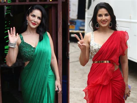 Hot Pics Of Sunny Leone In Red And Blue Sarees