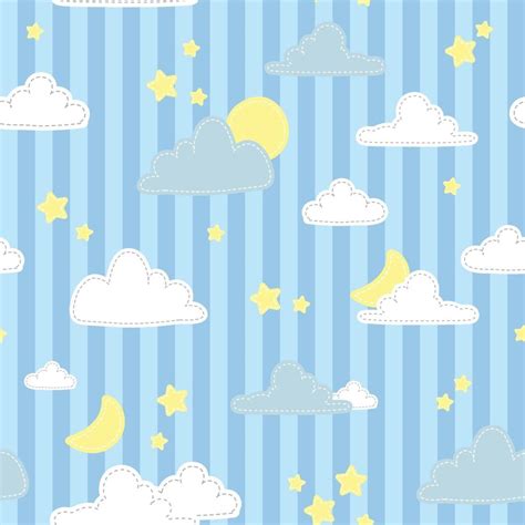 Cute Cloud Star And Moon On Blue Striped Background Cartoon Doodle