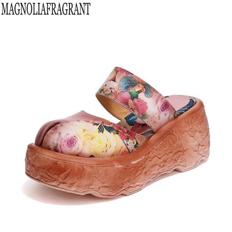 New Summer Women Shoes Flat Platform Sandals Genuine Leather Handmade Flower Cover Toes