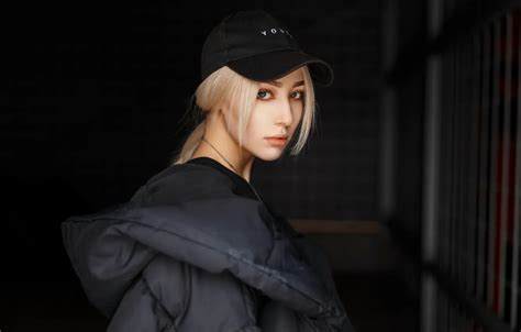 Girl Beauty Hair Look Blonde Dark Background Baseball Cap Feather Jacket
