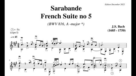 J S Bach Sarabande French Suite No 5 For Guitar BWV 816 YouTube