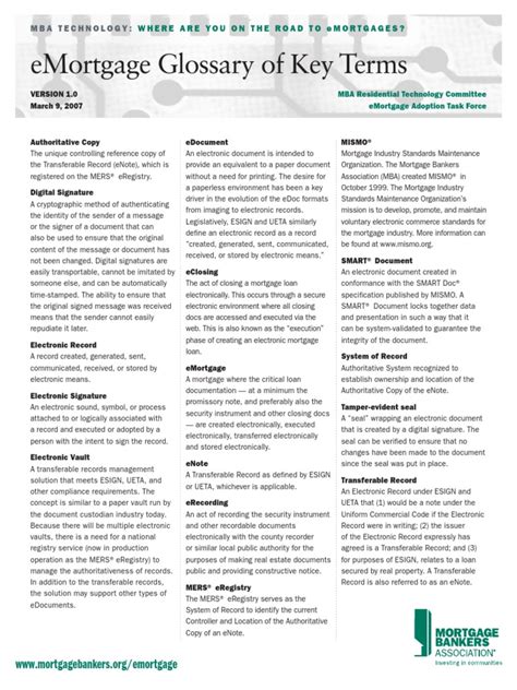 Emortgage And Note Glossary Of Key Terms Mortgage Loan Information Technology Management