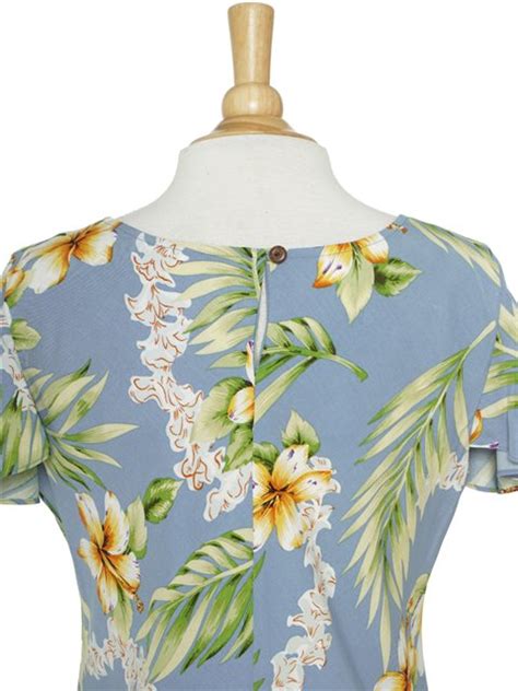 [exclusive] Two Palms Tuberose Blue Rayon Hawaiian Long Dress Alohaoutlet