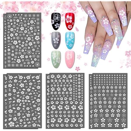 MWOOT 4 Blatt Weiße Blumen Nagelaufkleber Abziehbilder 3D Nail Art