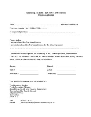 Fillable Online Surrender Premises Licence Form Doc Fax Email Print