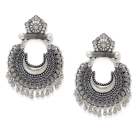 Silver Crescent Shaped Oxidised Chandbali Earrings Buy Silver Crescent