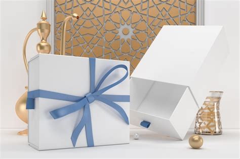 Lado de perspectiva de cajas de regalo en fondo temático de ramadán