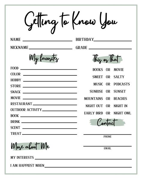 Get to Know You, Getting to Know You Page, Get to Know You Printable