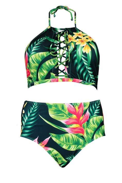 Plus Geschn Rter Bikini Mit Hohem Bund Und Tropischem Print Bikini