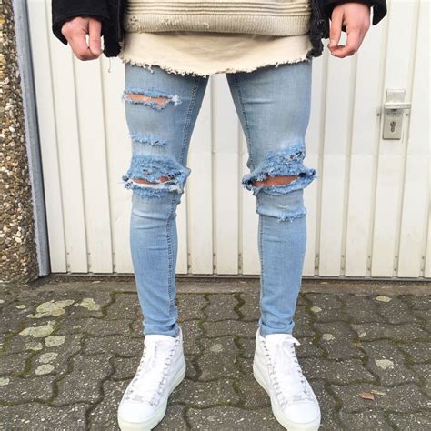 El M S Nuevo Fresco Hip Hop Hombres Rayado Ripped Slim Denim