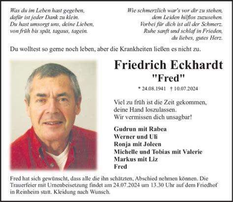 Traueranzeigen Von Friedrich Eckhardt Vrm Trauer De