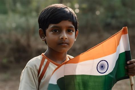 Premium AI Image | Young Indian boy holding indian flag