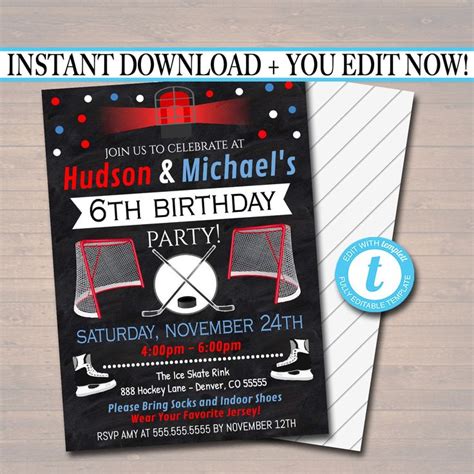 EDITABLE Ice Hockey Birthday Party Invitation Boy Sports Team Hockey