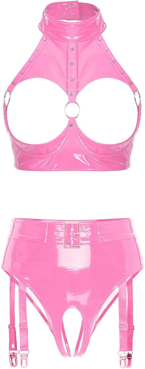 Womens Pcs Lingerie Set Shiny Metallic Bra With Panties Teddy Underwear With Garter Belt