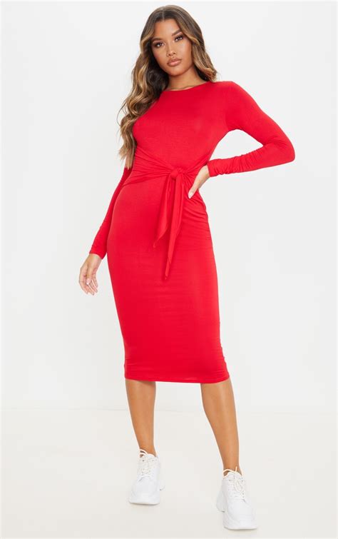 Red Tie Waist Long Sleeve Midi Dress Prettylittlething Usa