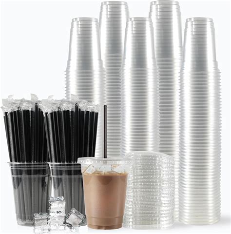 100 Sets Plastic Disposable Cups With Lids And Straws 14