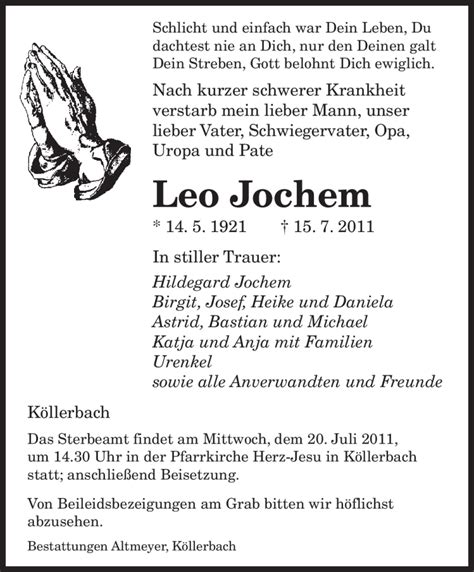 Traueranzeigen Von Leo Jochem Saarbruecker Zeitung Trauer De