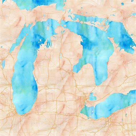 Watercolor Map Of Michigan Detroit Houses Map Of Michigan Watercolor