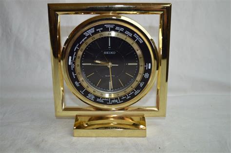 Seiko Quartz World Time Clock Desk Mantle Shelf Gold Picture Frame Free