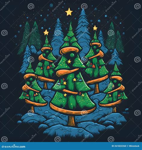 Digital Illustration of Cute Cartoon Christmas Trees on a Snowy ...