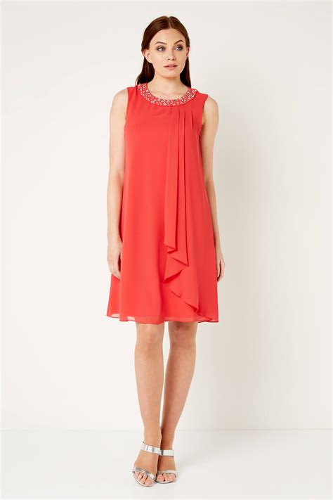 Embellished Neck Chiffon Dress In Coral Roman Originals Uk