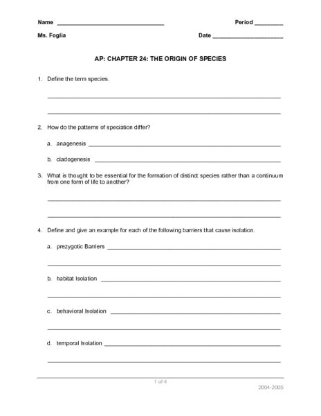 Ap Chapter 24 The Origin Of Species Worksheet For 9th Higher Ed