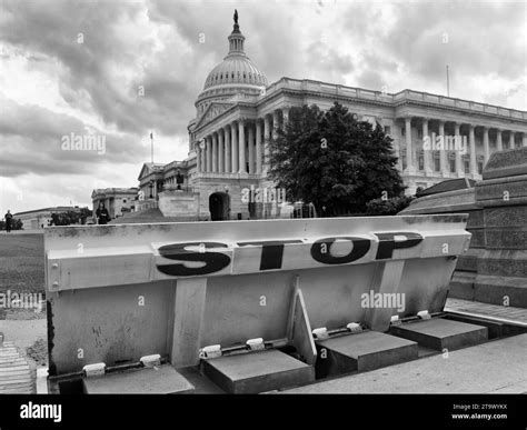 Washington Dc May 31 2018 Safety Barriers And Stop Sign In Front