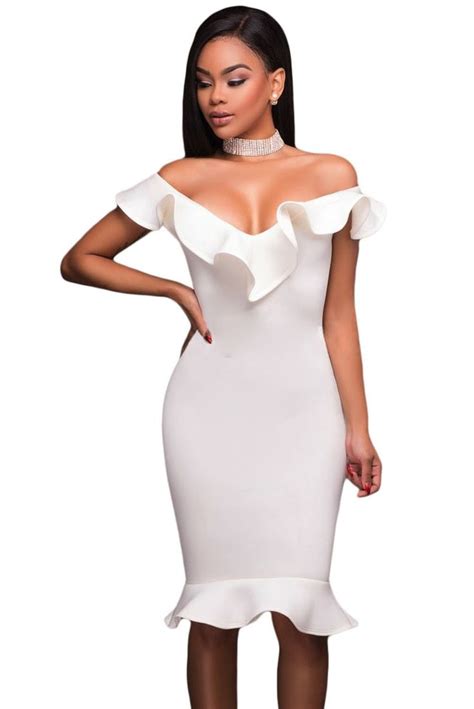 Ruffle Off Shoulder Mermaid Hem Midi Dress In 2019 Elegant Midi