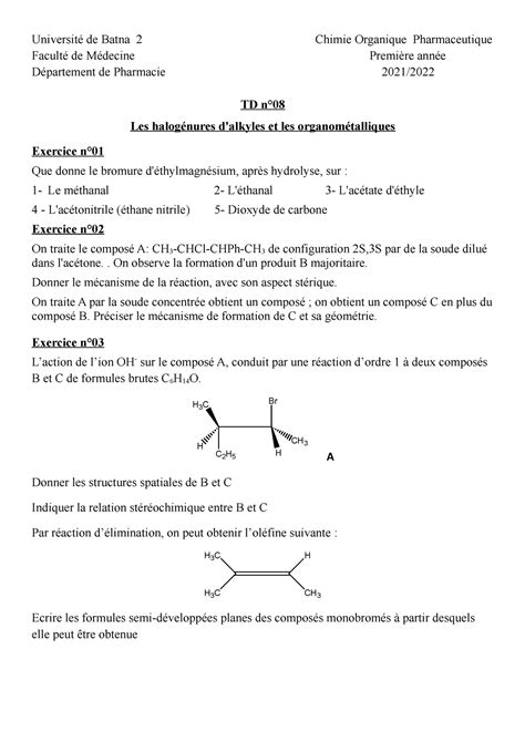 Td 08 2021 2022 Biologie Université de Batna 2 Chimie Organique