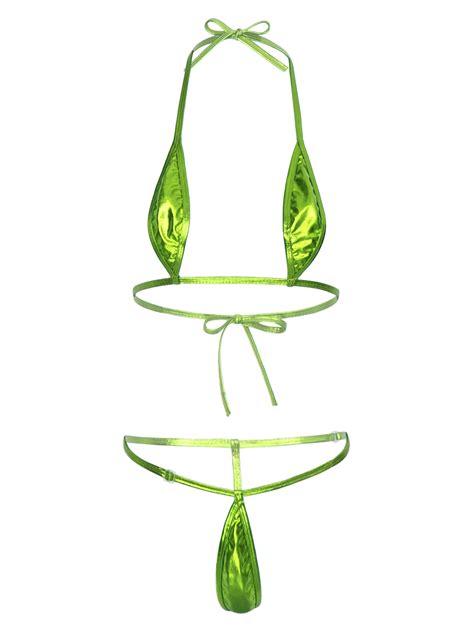 Tiaobug Woman S Metallic Shiny Piece Micro Bikini Set Sling Shot
