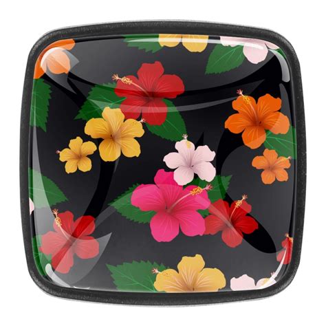 Ownta Tropical Flora With Hibiscus Flowers Leaves Square Glass Drawer