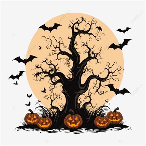 Feliz Ilustración De Halloween Con Calabazas PNG árbol Seco Y