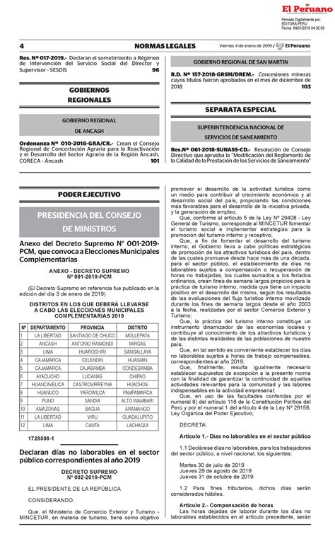 Decreto Supremo Nº 002 2019 PCM Declaran días no laborales 2019 4