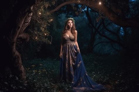 Hermosa Chica Con El Pelo Largo Con Vestido Azul En El Bosque Por La