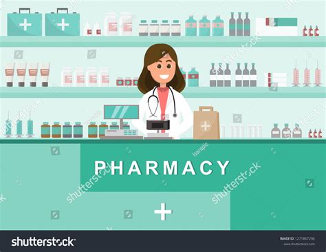 Pharmacy Nurse Counter Drugstore Cartoon Character Stock Vector